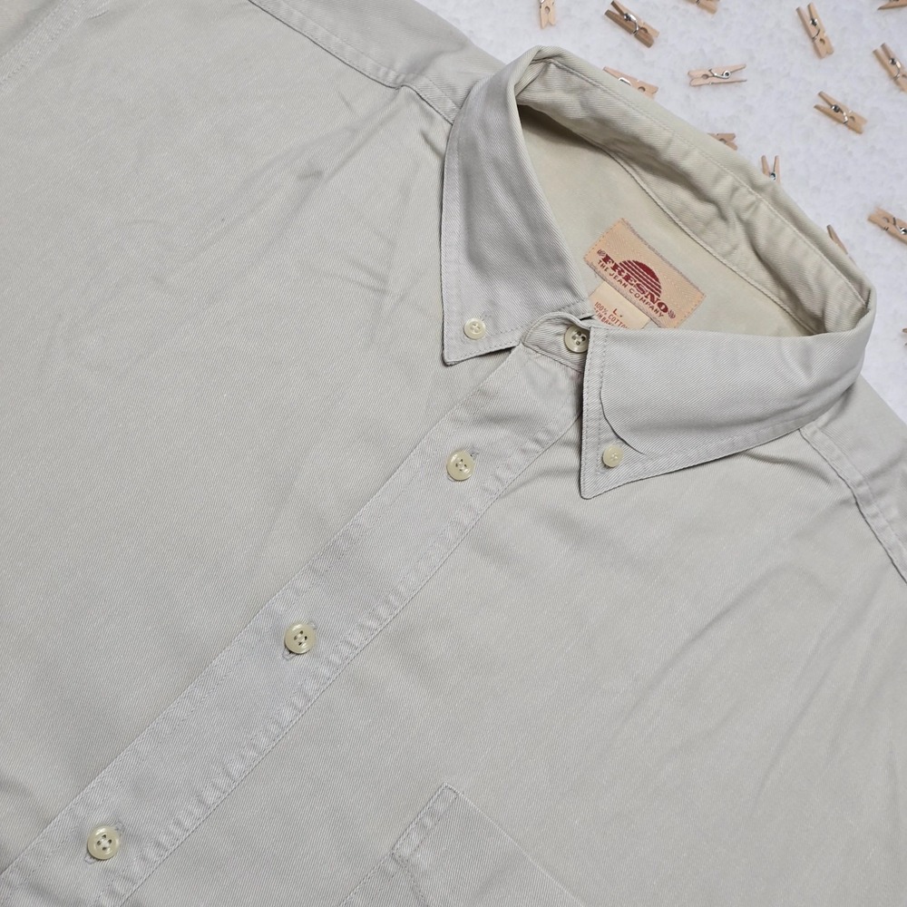 Fresno Men's Short Sleeve Button Down Shirt‎ Size L Beige 100% Cotton Casual